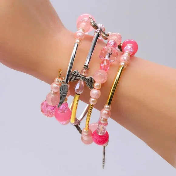 Angels theme Rose Quartz stone bead bracelet with Pearls and Crystals. - Picture 3 of 7